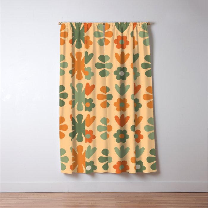Scandi Floral Grid Retro Flower Pattern in Orange Apricot and Mossy Sage Olive Green Window Curtain Gallery Image 3