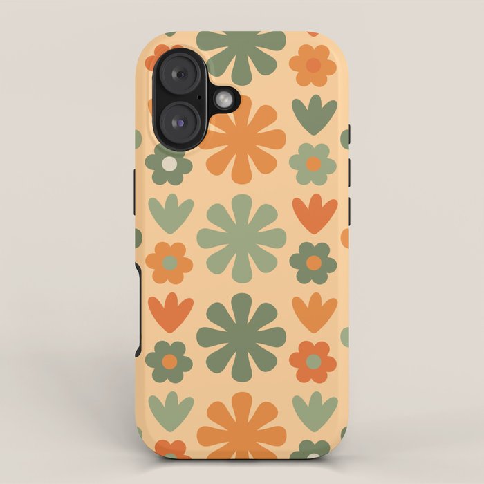 Scandi Floral Grid Retro Flower Pattern in Orange Apricot and Mossy Sage Olive Green iPhone Case Gallery Image 1