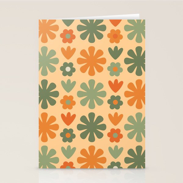 Scandi Floral Grid Retro Flower Pattern in Orange Apricot and Mossy Sage Olive Green Stationery Card Gallery Image 1