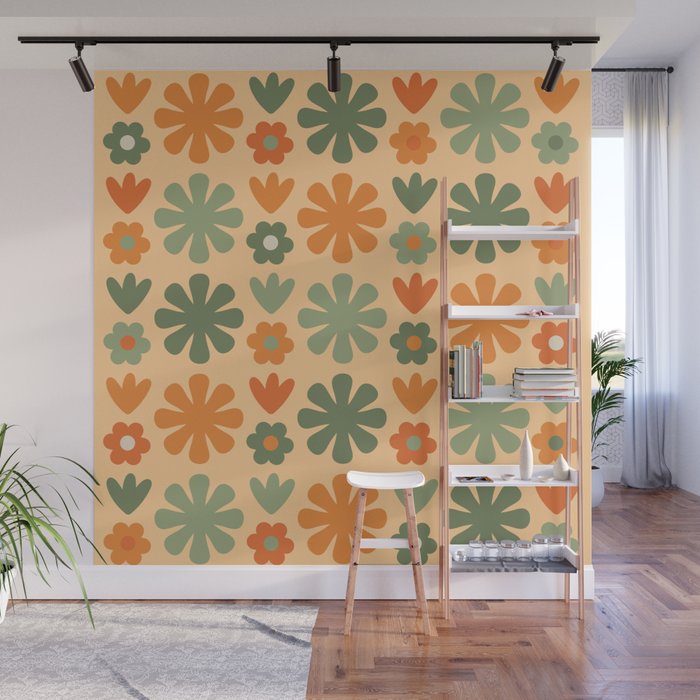 Scandi Floral Grid Retro Flower Pattern in Orange Apricot and Mossy Sage Olive Green Wall Mural Gallery Image 1
