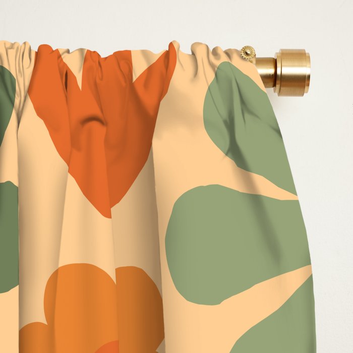 Scandi Floral Grid Retro Flower Pattern in Orange Apricot and Mossy Sage Olive Green Window Curtain Gallery Image 2