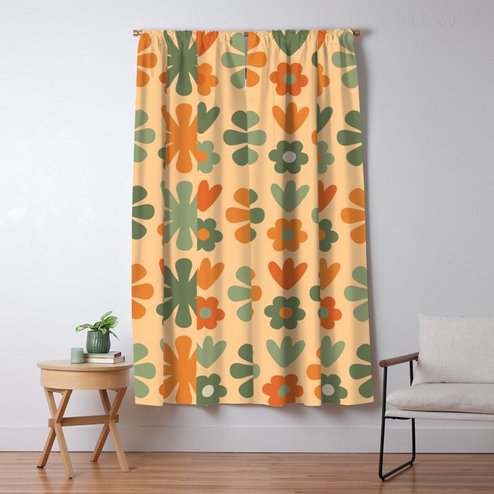 Scandi Floral Grid Retro Flower Pattern in Orange Apricot and Mossy Sage Olive Green Window Curtain Gallery Image 1