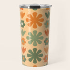 Scandi Floral Grid Retro Flower Pattern in Orange Apricot and Mossy Sage Olive Green Travel Mug Gallery Image 1