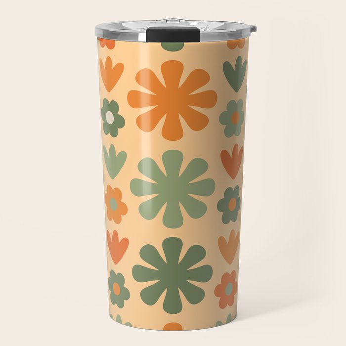 Scandi Floral Grid Retro Flower Pattern in Orange Apricot and Mossy Sage Olive Green Travel Mug Gallery Image 1