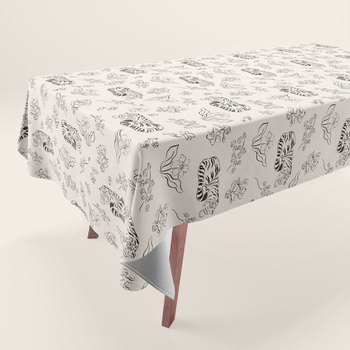 Tiger and Flower Line Art Tablecloth Gallery Image 1