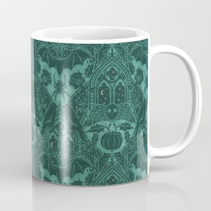 Gothic Halloween Damask - terrifying teal Coffee Mug Gallery Image 1