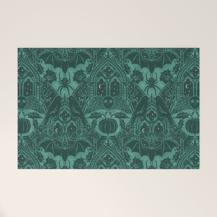 Gothic Halloween Damask - terrifying teal Welcome Mat Gallery Image 1