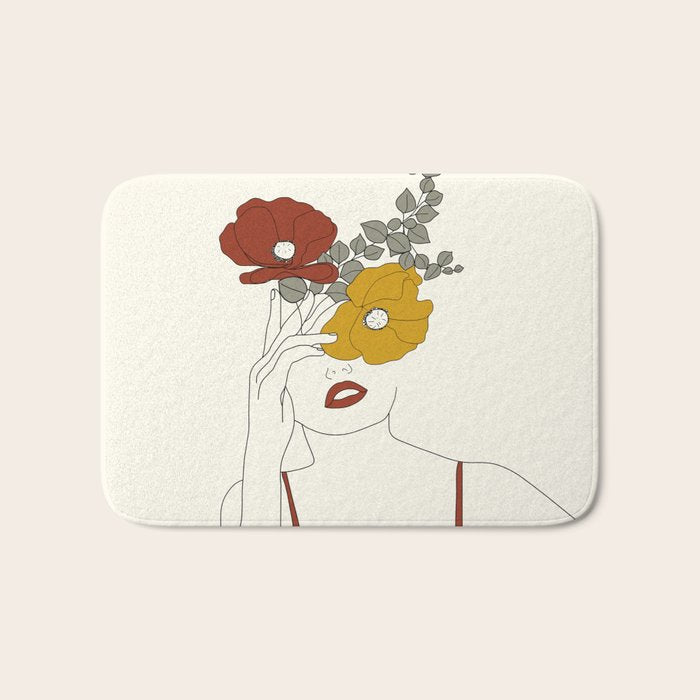 Colorful Thoughts Minimal Line Art Woman with Flowers II Bath Mat Gallery Image 1