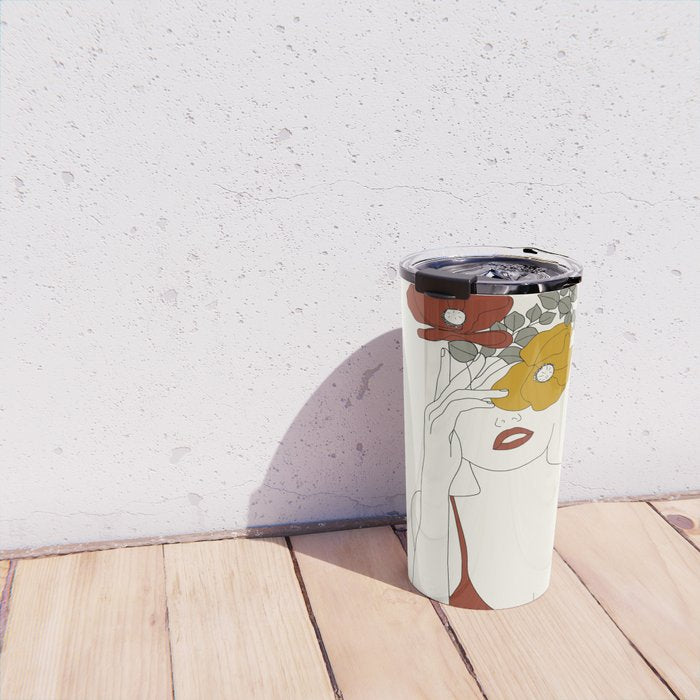 Colorful Thoughts Minimal Line Art Woman with Flowers II Travel Mug Gallery Image 4