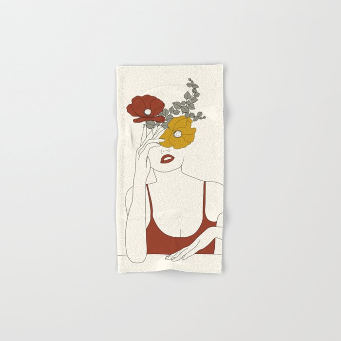Colorful Thoughts Minimal Line Art Woman with Flowers II Bath Towel Gallery Image 1