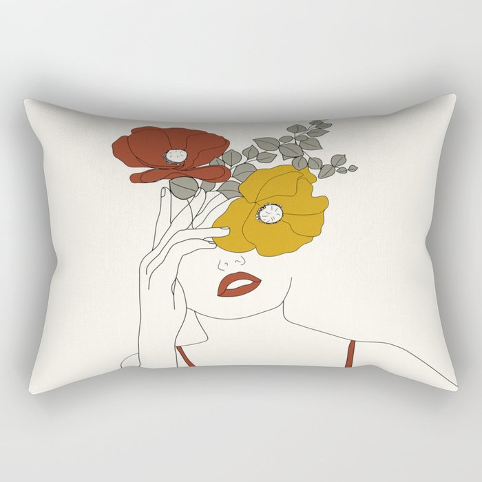 Colorful Thoughts Minimal Line Art Woman with Flowers II Rectangular Pillow Gallery Image 2