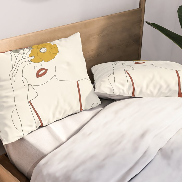 Colorful Thoughts Minimal Line Art Woman with Flowers II Pillow Sham Gallery Image 2