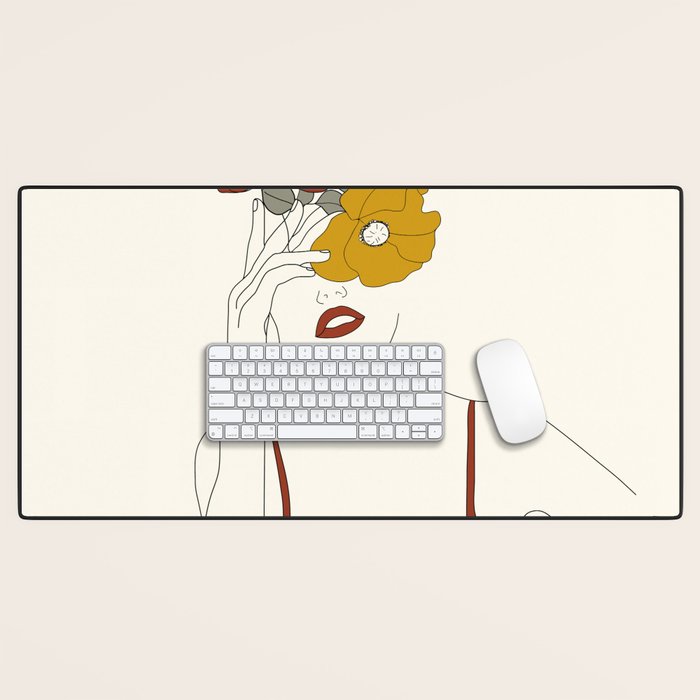 Colorful Thoughts Minimal Line Art Woman with Flowers II Desk Mat Gallery Image 1