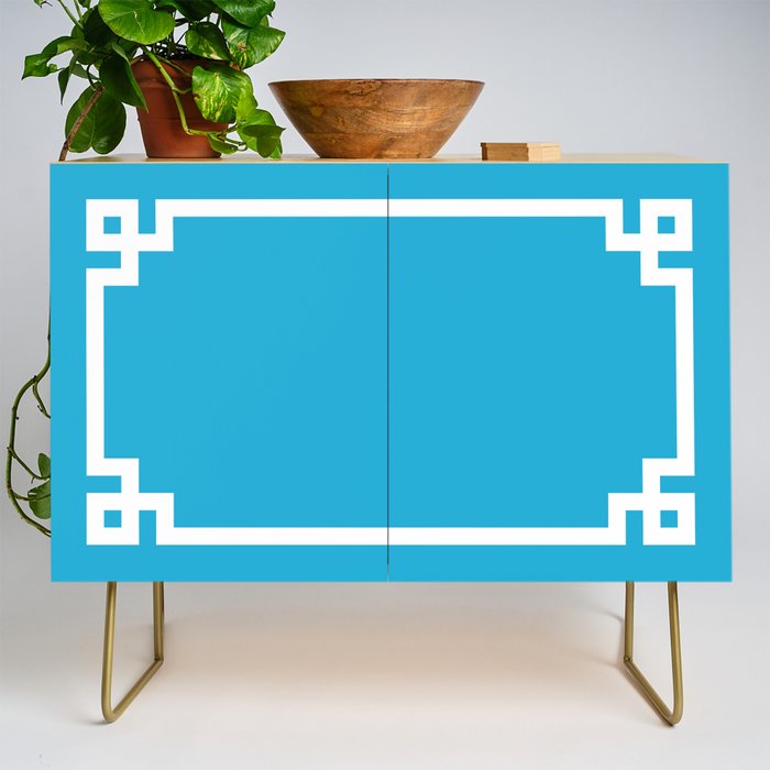 Bright Sky Blue and White Greek Key Border Credenza Gallery Image 1