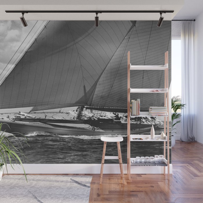 12-meter Sailing Yacht America's Cup Races nautical black and white photograph Wall Mural Gallery Image 1