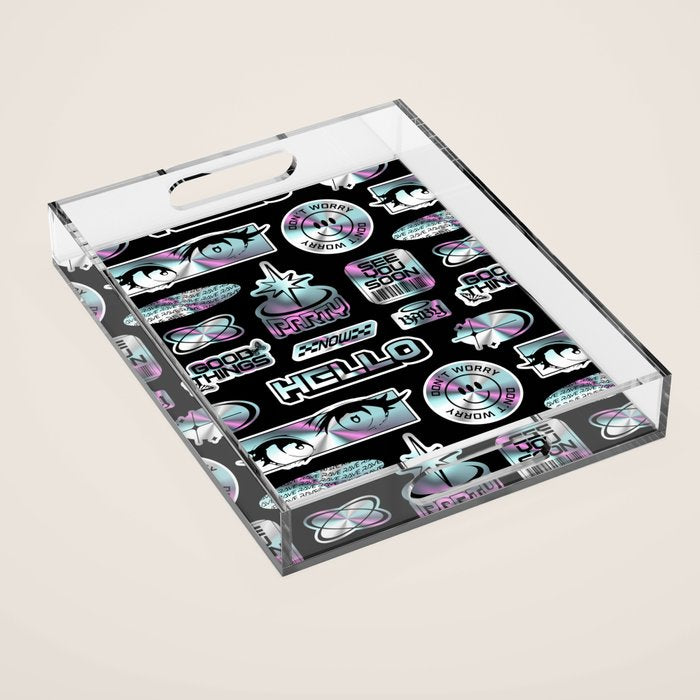 Retro holographic Y2K sticker pattern Acrylic Tray Gallery Image 1
