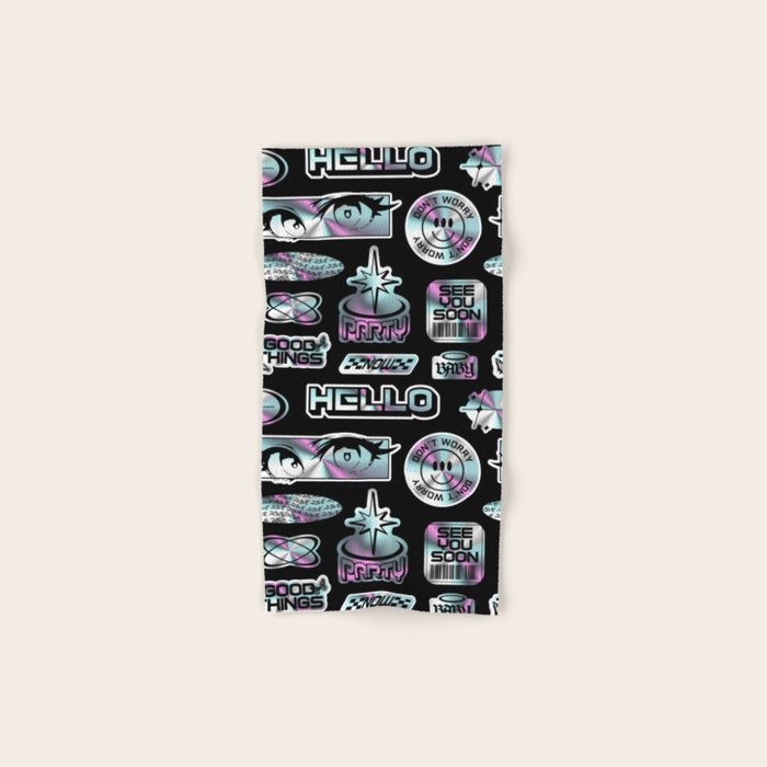Retro holographic Y2K sticker pattern Bath Towel Gallery Image 1