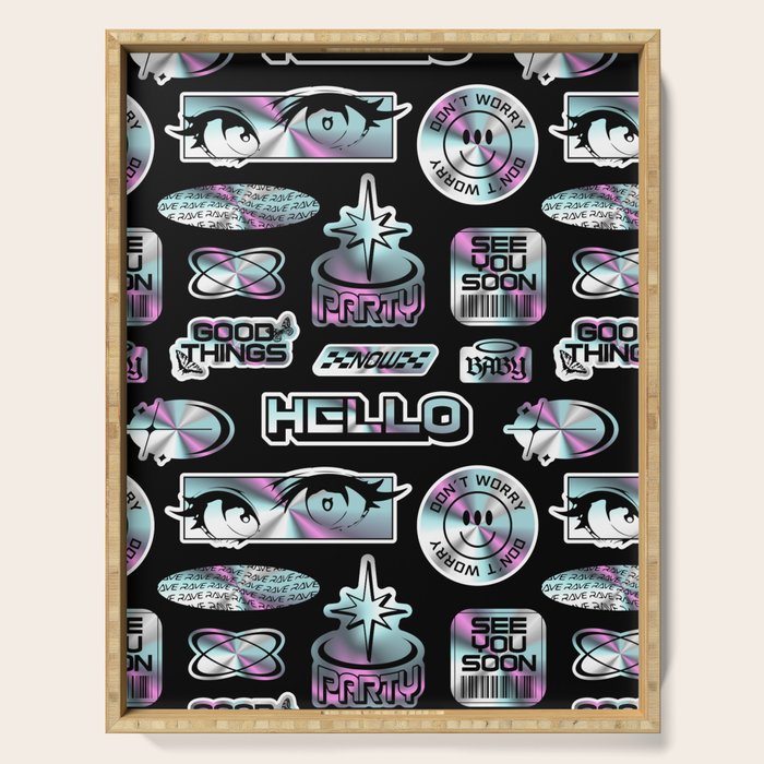 Retro holographic Y2K sticker pattern Serving Tray Gallery Image 1