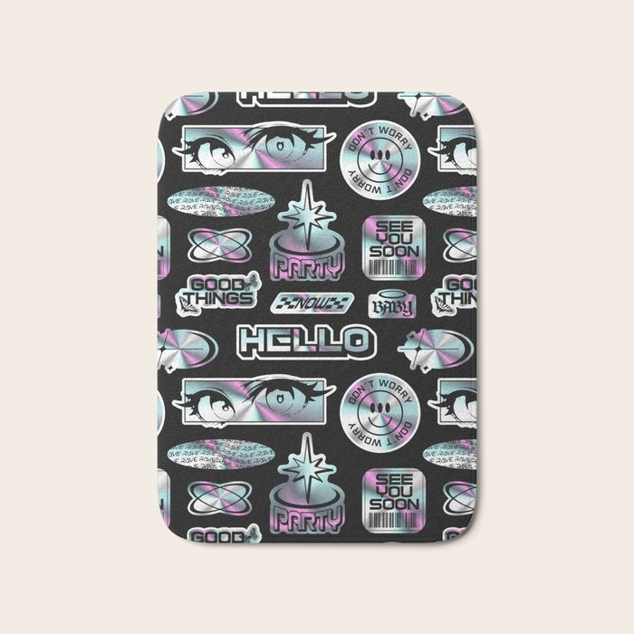 Retro holographic Y2K sticker pattern Bath Mat Gallery Image 1