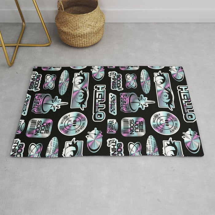 Retro holographic Y2K sticker pattern Rug Gallery Image 1