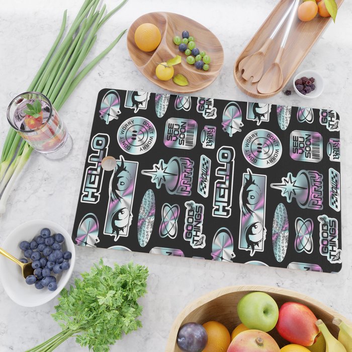 Retro holographic Y2K sticker pattern Cutting Board Gallery Image 2
