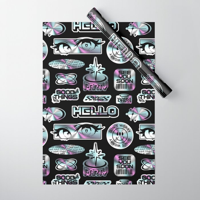 Retro holographic Y2K sticker pattern Wrapping Paper Gallery Image 1