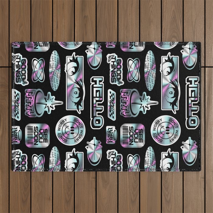 Retro holographic Y2K sticker pattern Outdoor Rug Gallery Image 1
