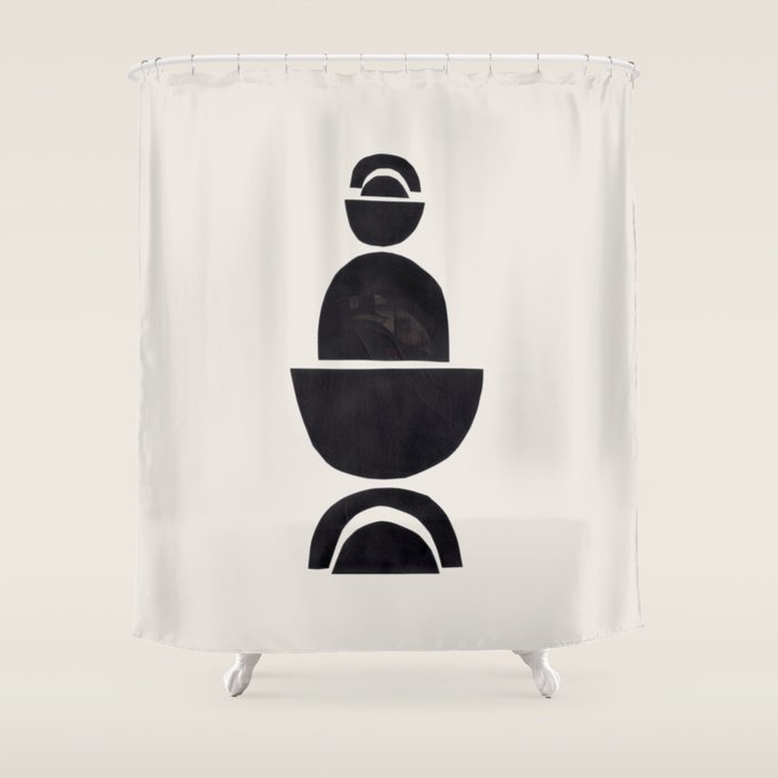 Black & White Minimalist Mid Century Paper collage Funky Black Ink Tribal Geometric by Ejaaz Haniff Shower Curtain Gallery Image 1