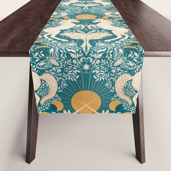 Celestial Unicorns In Turquoise and Gold Table Runner Gallery Image 1