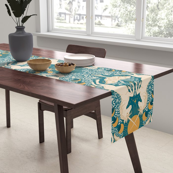 Celestial Unicorns In Turquoise and Gold Table Runner Gallery Image 2