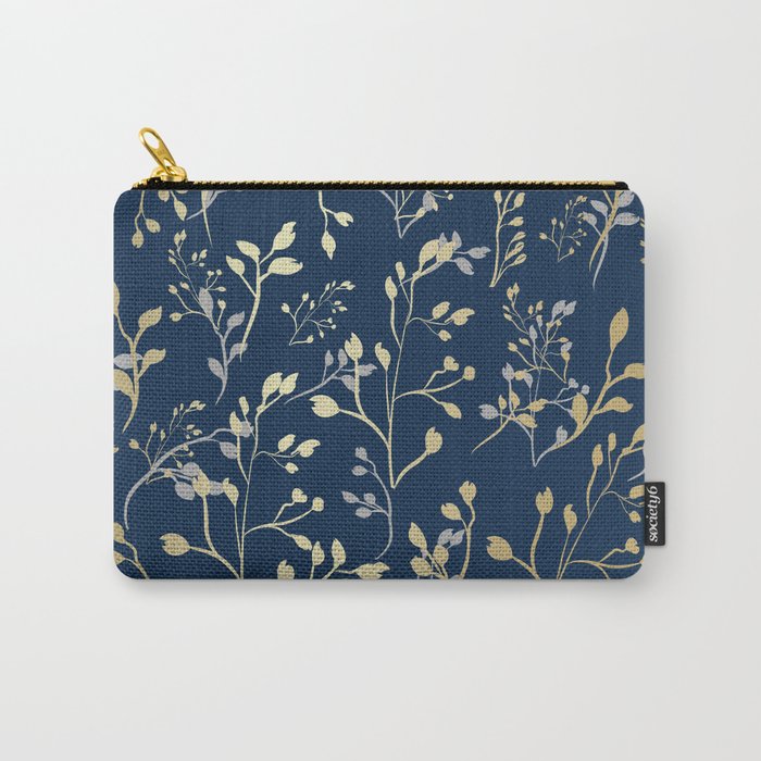Floral Leaves, Navy Blue and Gold, Wall Art Prints Carry All Pouch Gallery Image 1