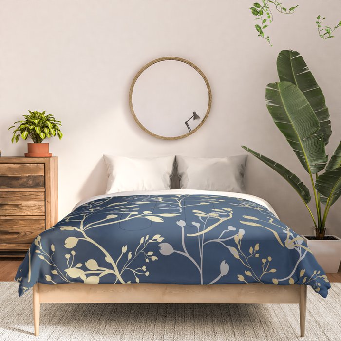 Floral Leaves, Navy Blue and Gold, Wall Art Prints Comforter Gallery Image 3