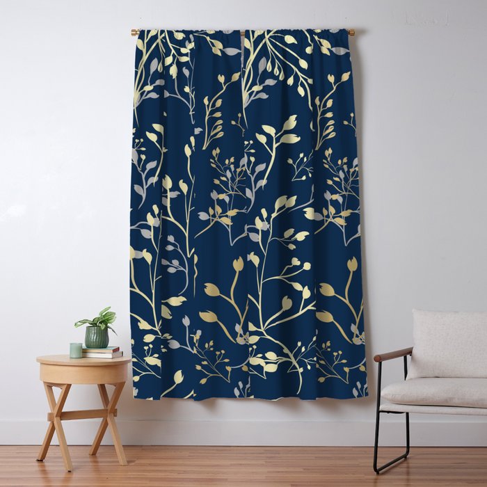 Floral Leaves, Navy Blue and Gold, Wall Art Prints Window Curtain Gallery Image 5