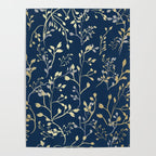 Floral Leaves, Navy Blue and Gold, Wall Art Prints Poster Gallery Image 4