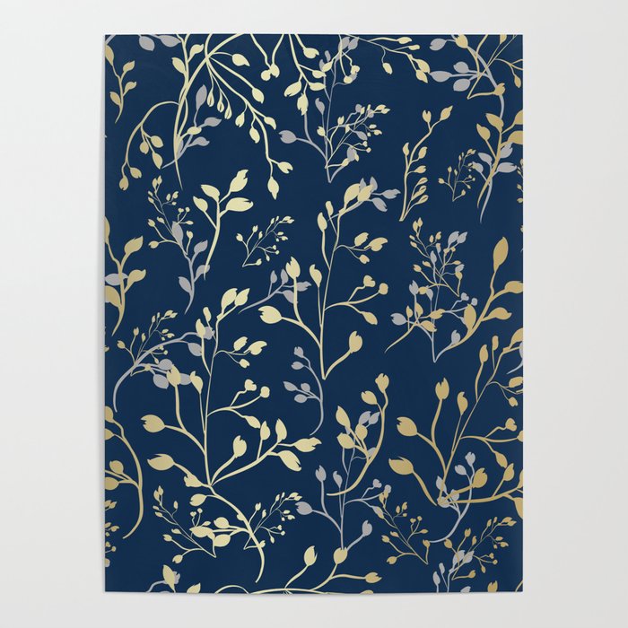 Floral Leaves, Navy Blue and Gold, Wall Art Prints Poster Gallery Image 4