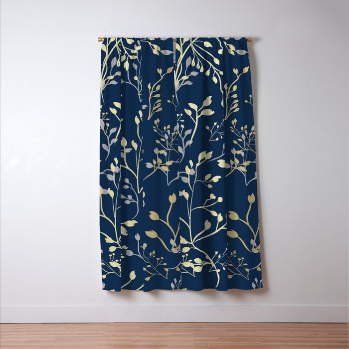 Floral Leaves, Navy Blue and Gold, Wall Art Prints Window Curtain Gallery Image 3