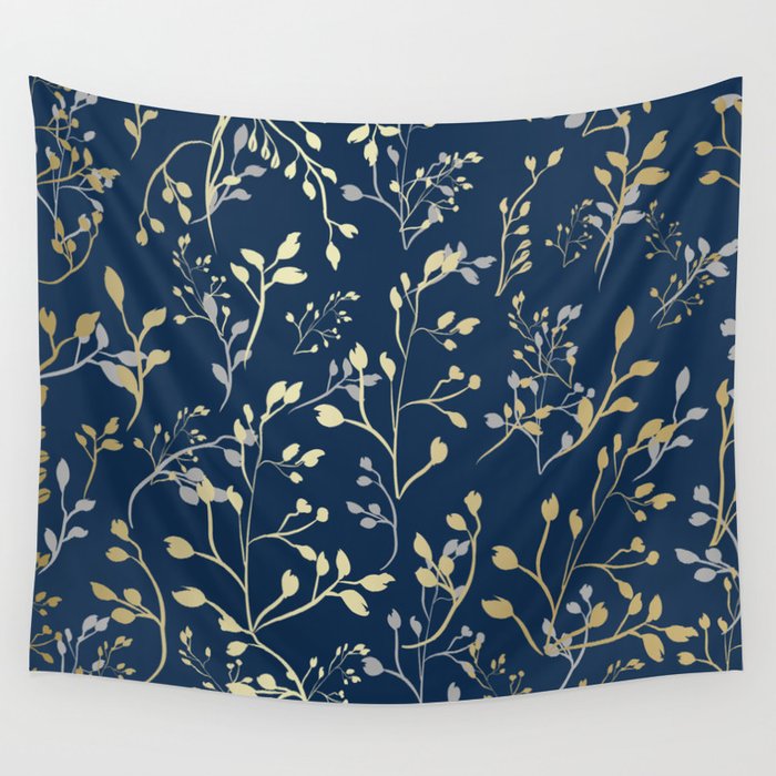 Floral Leaves, Navy Blue and Gold, Wall Art Prints Wall Tapestry Gallery Image 4