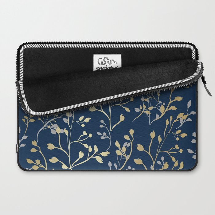 Floral Leaves, Navy Blue and Gold, Wall Art Prints Laptop Sleeve Gallery Image 2