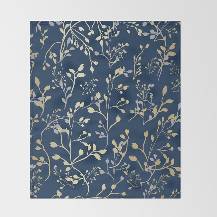 Floral Leaves, Navy Blue and Gold, Wall Art Prints Throw Blanket Gallery Image 2