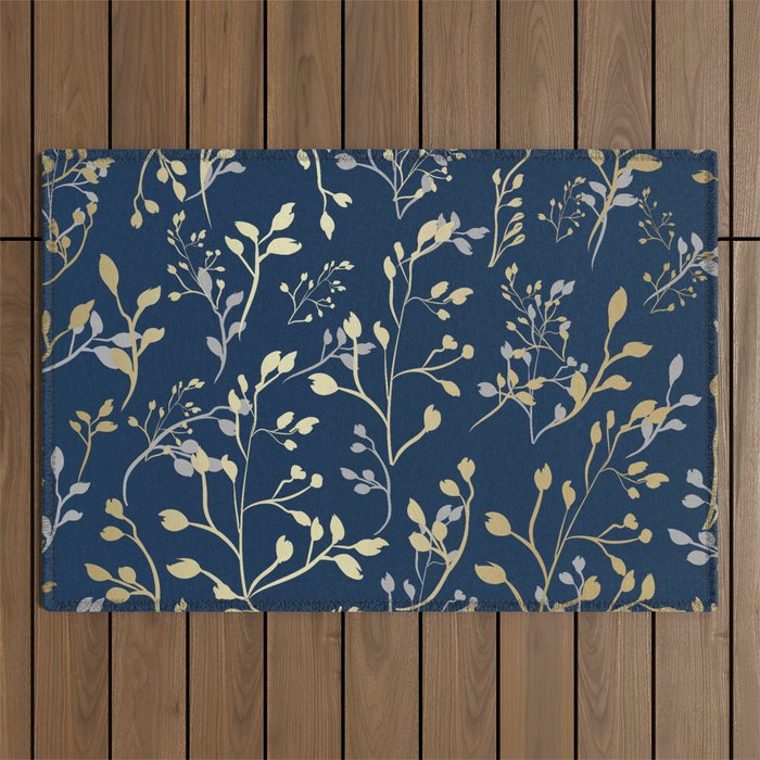 Floral Leaves, Navy Blue and Gold, Wall Art Prints Outdoor Rug Gallery Image 1