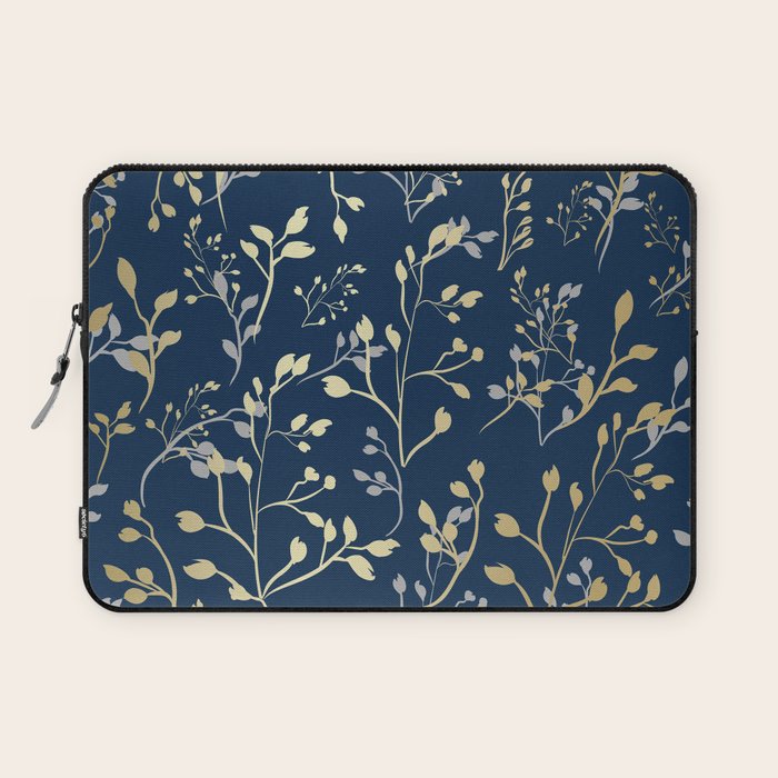 Floral Leaves, Navy Blue and Gold, Wall Art Prints Laptop Sleeve Gallery Image 1