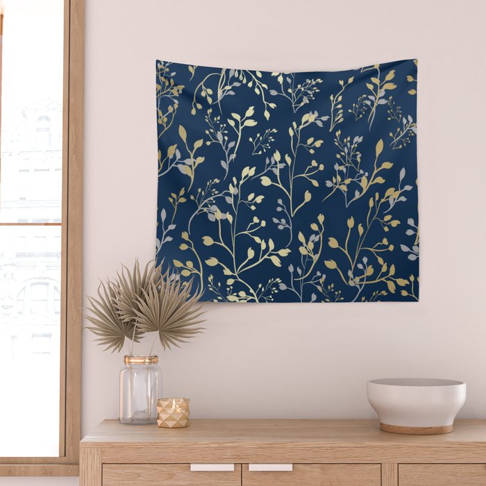 Floral Leaves, Navy Blue and Gold, Wall Art Prints Wall Tapestry Gallery Image 2