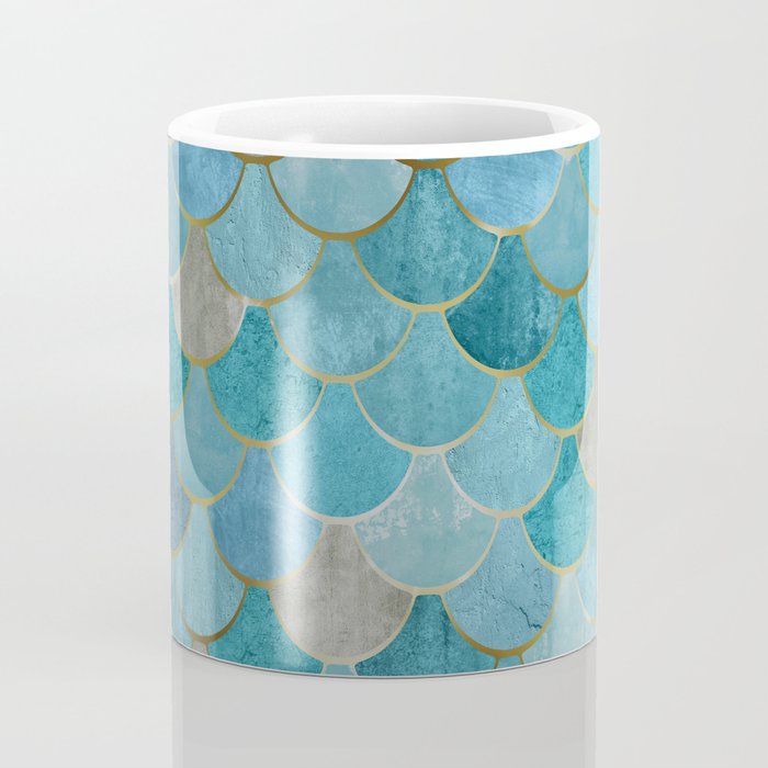 Moroccan Fish Scale Mermaid Pattern, Teal Blue and Gold Coffee Mug Gallery Image 4