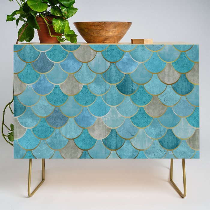 Moroccan Fish Scale Mermaid Pattern, Teal Blue and Gold Credenza Gallery Image 1