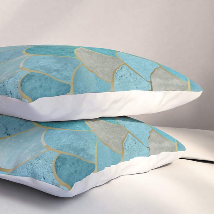 Moroccan Fish Scale Mermaid Pattern, Teal Blue and Gold Pillow Sham Gallery Image 3