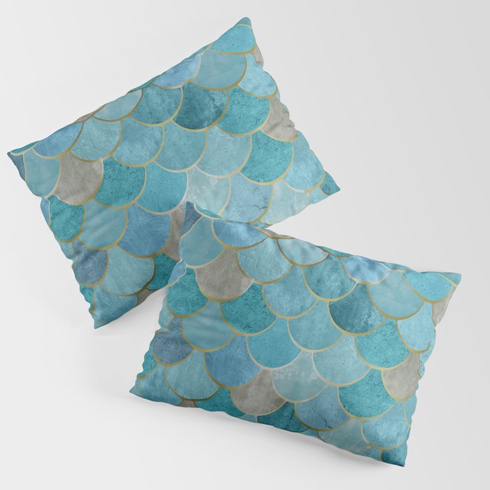 Moroccan Fish Scale Mermaid Pattern, Teal Blue and Gold Pillow Sham Gallery Image 3