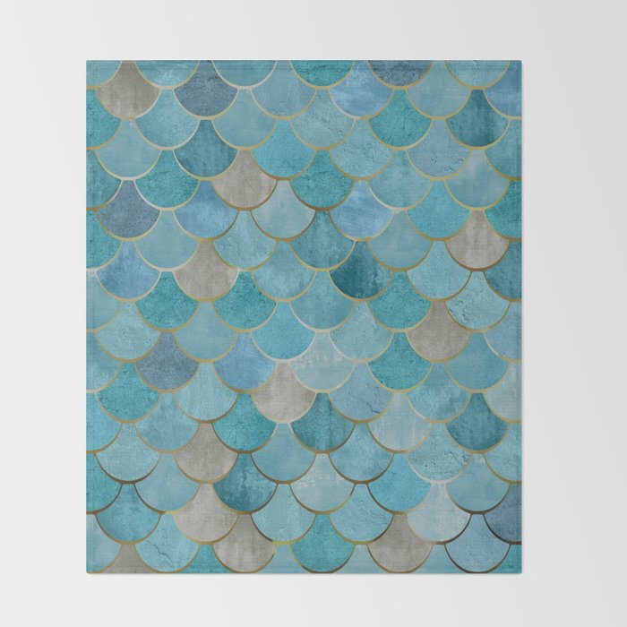 Moroccan Fish Scale Mermaid Pattern, Teal Blue and Gold Throw Blanket Gallery Image 2