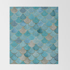 Moroccan Fish Scale Mermaid Pattern, Teal Blue and Gold Throw Blanket Gallery Image 2
