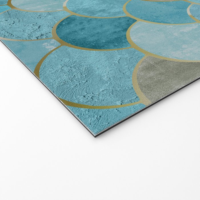Moroccan Fish Scale Mermaid Pattern, Teal Blue and Gold Welcome Mat Gallery Image 2