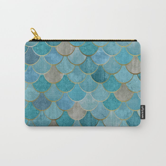 Moroccan Fish Scale Mermaid Pattern, Teal Blue and Gold Carry All Pouch Gallery Image 1